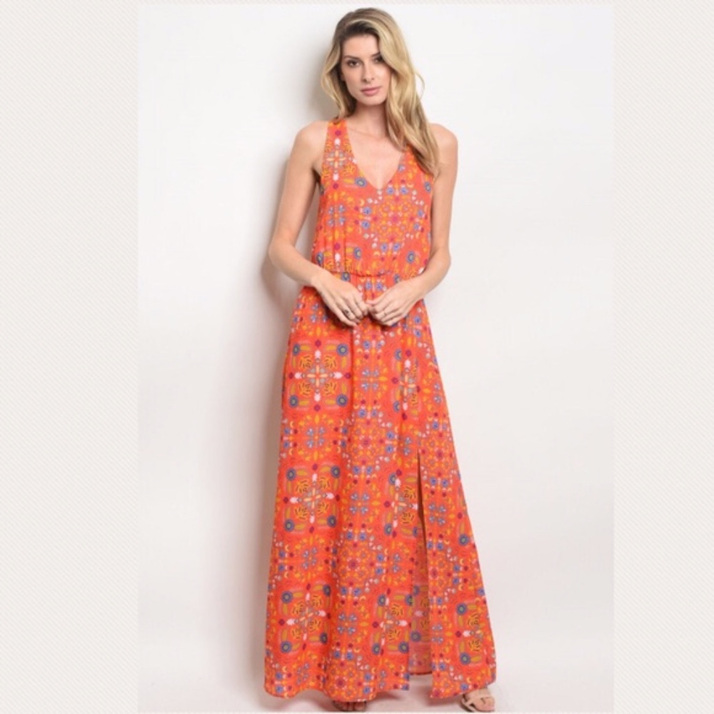 Everly Orange Floral V-Neck Maxi Dress
